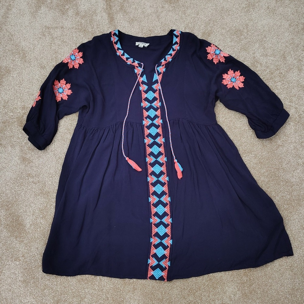 UMGEE Womens SMALL Mini Dress Navy Blue Embroidered Boho Tassel Festival